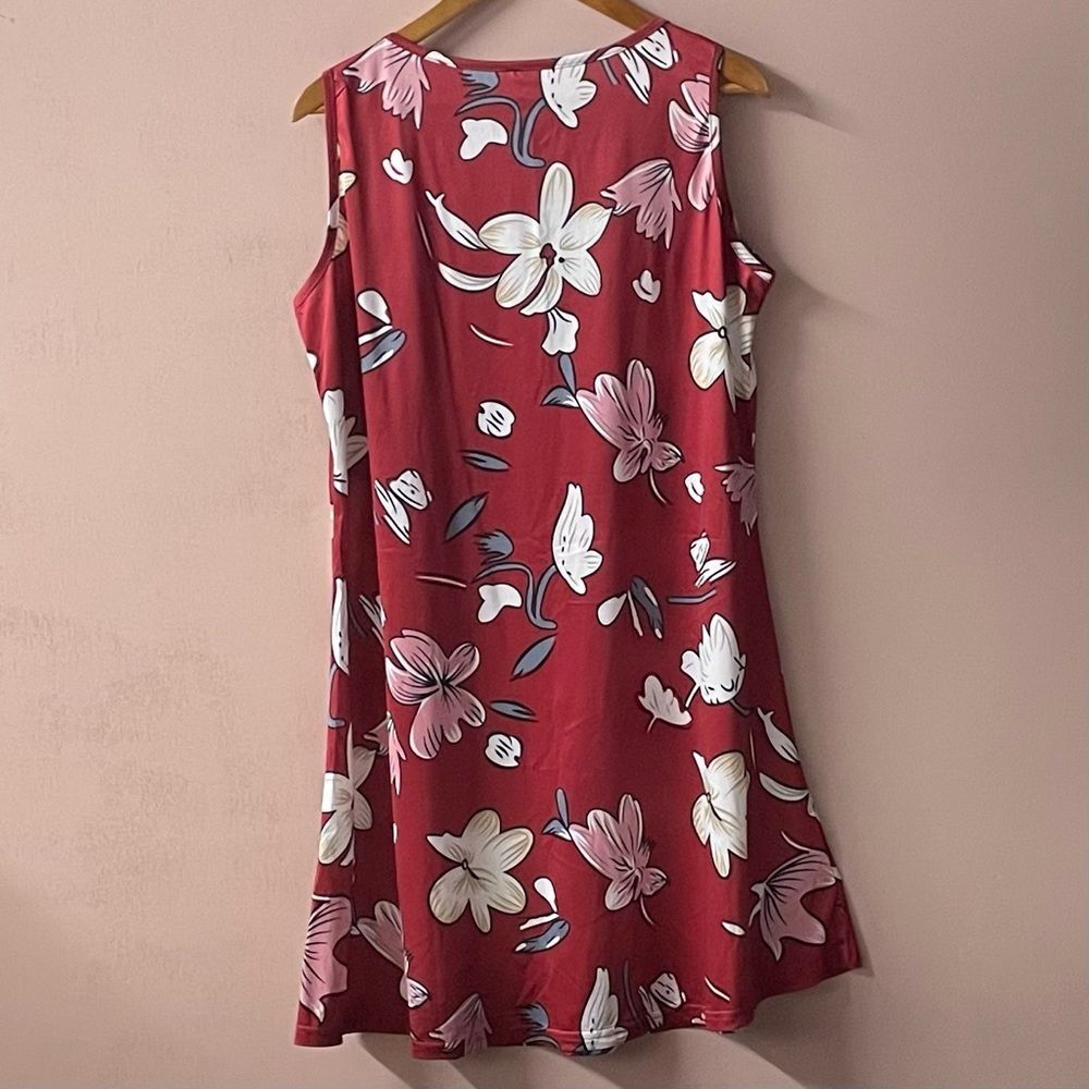 Sleeveless Floral Keyhole Dress - Red Pink - Picture 2 of 12
